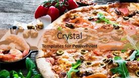  Presentation with pizza - Slide deck consisting of food cheese meat seafood - tasty pizza background and a coral colored foreground