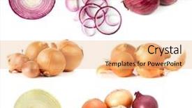  Presentation with green onions and bulb onion - Slide set having food collage - onions collection isolated on white background and a coral colored foreground