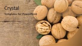  Presentation with wood texture - Slide set enhanced with food collage - walnuts fruit on wood background background and a coral colored foreground