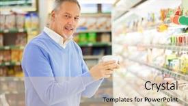  Presentation with comparison - PPT layouts enhanced with food comparison - man shopping in a supermarket background and a lemonade colored foreground