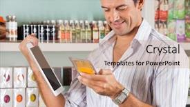  Presentation with grocery store - Slide deck having food comparison - mid adult male customer background and a coral colored foreground