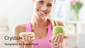  Presentation with weight loss woman showing - PPT theme enhanced with food comparison - picture showing sporty woman background and a  colored foreground