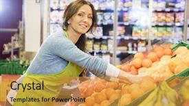  Presentation with supermarket - Amazing slide deck having food comparison - smiling saleswoman arranging oranges backdrop and a gold colored foreground