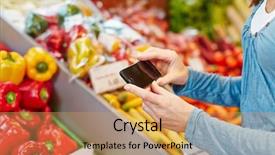  Presentation with information - Audience pleasing slide set consisting of food comparison - woman comparing information of vegetables backdrop and a coral colored foreground