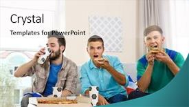  Presentation with soccer fans - Presentation theme having food competition - soccer fans with pizza watching background and a white colored foreground