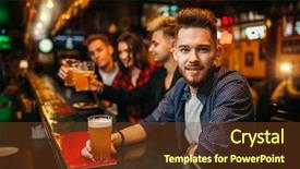  Presentation with beer - Amazing PPT theme having food competition - young man holds glass backdrop and a tawny brown colored foreground