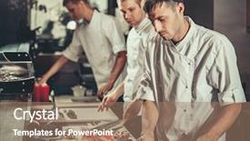  Presentation with modern food - Audience pleasing slide deck consisting of food concept three young chefs backdrop and a coral colored foreground