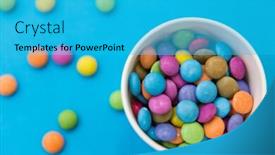  Presentation with blue food - Audience pleasing presentation design consisting of food confectionery and sweets concept - candy drops in paper cup on blue background backdrop and a cyan colored foreground