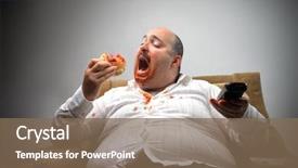  Presentation with eating disorders - PPT layouts featuring food control - portrait of overweight man eating background and a violet colored foreground