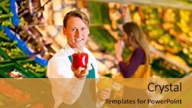  Presentation with supermarket - Slide set with food control - shop assistant in a supermarket background and a gold colored foreground