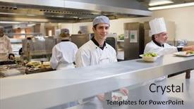  Presentation with restaurant personal appearance - Theme featuring food control - smiling chef garnishing a salad background and a light gray colored foreground