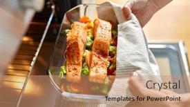  Presentation with salmon dish - Presentation design enhanced with food-cooking-culinary-and-people background and a coral colored foreground