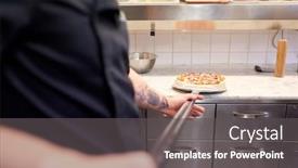  Presentation with pizzeria - Amazing PPT layouts having food cooking culinary and people concept - cook or baker hands with pizza on peel at pizzeria backdrop and a dark gray colored foreground