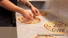  Presentation with pizzeria - PPT layouts with food cooking culinary and people concept - cook or baker hands adding champignons to pizza at pizzeria background and a lemonade colored foreground