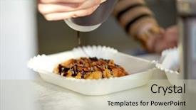  Presentation with chocolate dessert - PPT theme enhanced with food cooking dessert and people concept - close up of cook adding chocolate syrup to waffle background and a soft green colored foreground