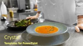  Presentation with restaurant kitchen - PPT theme with food-cooking-profession-and-people background and a  colored foreground