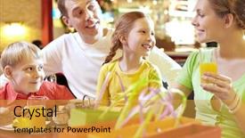  Presentation with poolside restaurant family - Slide set featuring food court - family in cafe background and a yellow colored foreground