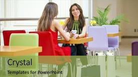  Presentation with get together - Slides consisting of food court - female friends having lunch together background and a yellow colored foreground