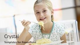  Presentation with court - Amazing slide deck having food court - girl eating lunch backdrop and a  colored foreground