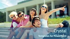  Presentation with group of 7 - Theme having food court - group of cheerful friends background and a ocean colored foreground