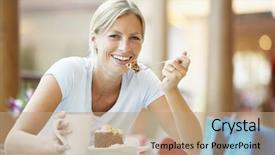  Presentation with court - Cool new PPT theme with food court - woman eating a piece backdrop and a coral colored foreground