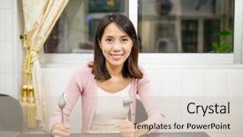  Presentation with restaurant - PPT theme having food court - woman holding knife and fork background and a soft green colored foreground