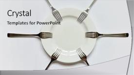  Presentation with empty - Beautiful slide deck featuring globalization food - empty plate and forks backdrop and a light gray colored foreground
