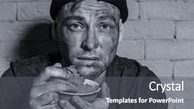  Presentation with brick wall - Slide set having food shortage - hungry poor man holding bowl background and a dark gray colored foreground