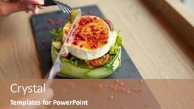  Presentation with haute cuisine - Theme with food culinary haute cuisine and people concept - woman eating goat cheese salad with vegetables and dried raspberries using fork and knife at restaurant or cafe background and a coral colored foreground