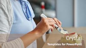  Presentation with haute cuisine - Audience pleasing slides consisting of food culinary haute cuisine and people concept - woman eating goat cheese salad with vegetables and dried raspberries using fork and knife at restaurant or cafe backdrop and a coral colored foreground