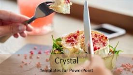  Presentation with haute cuisine - Audience pleasing PPT layouts consisting of concept - woman eating goat cheese backdrop and a coral colored foreground