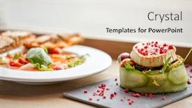  Presentation with haute cuisine - Presentation theme having food culinary haute cuisine and cooking concept - goat cheese salad with vegetables and dried raspberries and plate of gazpacho soup at restaurant or cafe background and a sky blue colored foreground