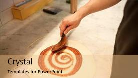  Presentation with pizzeria - Amazing slide set having food culinary italian cuisine people and cooking concept - cook with spoon applying tomato sauce to raw pizza dough at pizzeria backdrop and a coral colored foreground