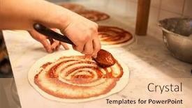  Presentation with italian cuisine - Audience pleasing presentation theme consisting of food culinary italian cuisine people and cooking concept - cook with spoon applying tomato sauce to raw pizza dough at pizzeria backdrop and a coral colored foreground
