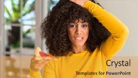  Presentation with eat - Amazing presentation design having food delivery - african american woman ready backdrop and a gold colored foreground