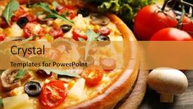  Presentation with food delivery - Colorful presentation theme enhanced with food delivery - delicious pizza with vegetables close-up backdrop and a gold colored foreground