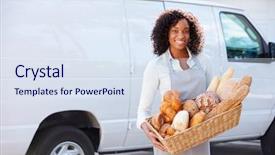  Presentation with baker kneading dough homemade bread - Colorful slides enhanced with food delivery - female baker delivering bread standing backdrop and a sky blue colored foreground