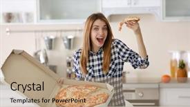  Presentation with food delivery - PPT theme consisting of food delivery - happy young woman holding hot background and a coral colored foreground