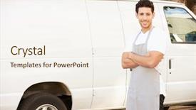  Presentation with delivery van - Amazing PPT theme having food delivery - man wearing apron standing backdrop and a sky blue colored foreground