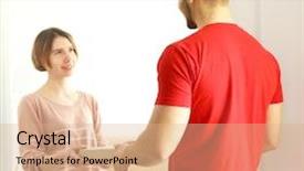  Presentation with pizza - PPT theme consisting of food delivery - young handsome man delivering pizza background and a coral colored foreground