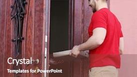  Presentation with pizza - Theme having food delivery - young handsome man delivering pizza background and a tawny brown colored foreground