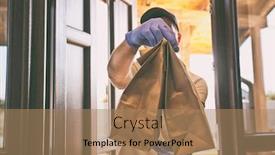  Presentation with food delivery - Amazing PPT theme having food-delivery-guy-wearing-gloves backdrop and a coral colored foreground