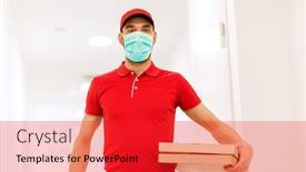  Presentation with food mask - PPT theme enhanced with food-delivery-mail-and-people background and a red colored foreground