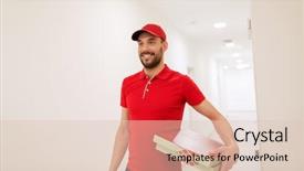  Presentation with gourmet food delivery - Cool new PPT theme with food delivery mail and people backdrop and a lemonade colored foreground