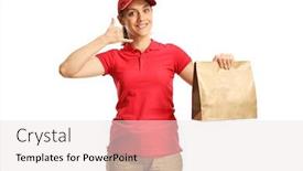  Presentation with food delivery - PPT theme enhanced with food-delivery-woman-holding background and a sky blue colored foreground