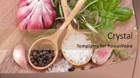  Presentation with salt food - Presentation theme with food design - fresh herbs and salt spoon background and a coral colored foreground