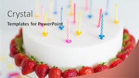  Presentation with party candles - Presentation featuring food dessert and party concept - close up of birthday cake with candles and strawberries on stand background and a sky blue colored foreground