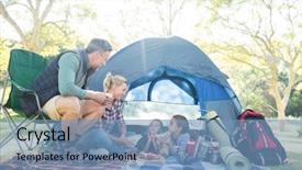  Presentation with campsite - Colorful PPT theme enhanced with food destination - family interacting while having snacks backdrop and a teal colored foreground