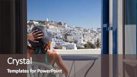  Presentation with holiday destination - Slide set with food destination - woman enjoying mykonos town view background and a tawny brown colored foreground