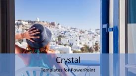  Presentation with holiday destination - Slide deck featuring food destination - woman enjoying mykonos town view background and a teal colored foreground